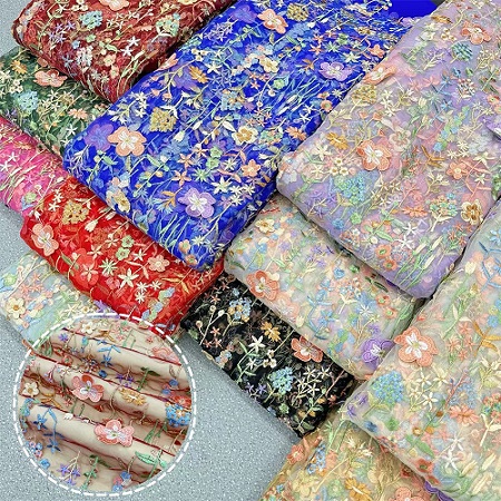 blomst multi-color 3D mesh broderi stoff plagg kjole broderi stoff