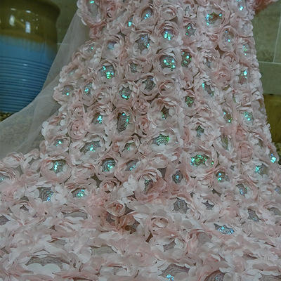 3D Rose Wedding Fabric Flowers Rug Soft Bridal Dress Fjær blonder Stoff med paljett